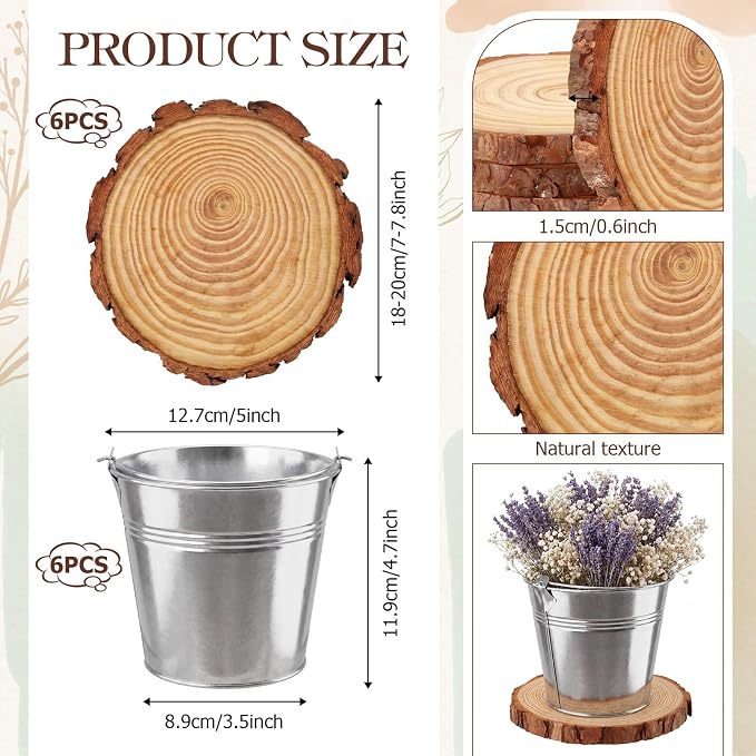 meekoo 12 Pcs Farmhouse Rustic Table Centerpieces Decor Include 6 Small Metal Tin Galvanized Buckets 4.7'' Tall and 6 Wood Slices Round 7-7.8'' for Wedding Birthday Home Succulents DIY Table Decor
