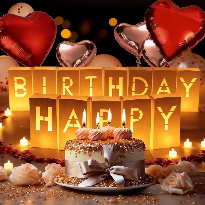 Happy Birthday Light Up Letters Luminary Bags with Tea Lights Candles, Latex Balloons, Aluminum Balloons and Rose Petals Surprise Gifts Banner Birthday Decorations for Women and Men