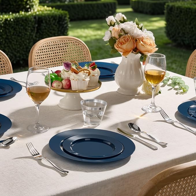 BESTVIP 200 Pack Premium Navy Blue Plastic Plates - 100 Dinner Plates 10.25" & 100 Dessert Plates 7.5" - Heavy Duty Disposable Plates for Graduation, Wedding, Holiday & Catering