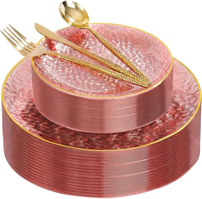 I00000 150Pcs Clear Pink Plastic Plates with Gold Rim,Pink Disposable Plates,Clear Hammer Patterned Disposable plates Set include 30 Dinner Plate,30 Dessert Plate,90 Plastic Silverware Set for Party