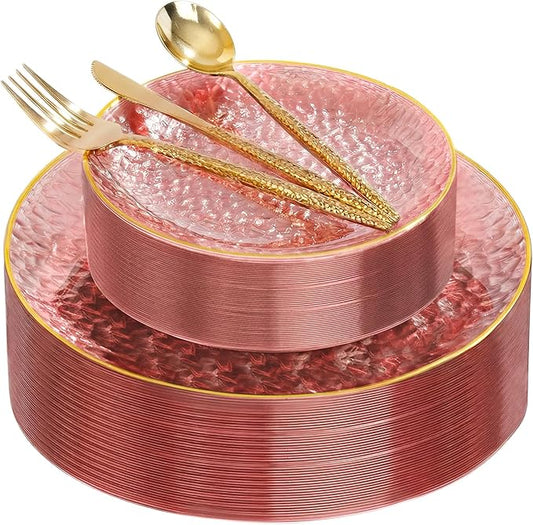 I00000 150Pcs Clear Pink Plastic Plates with Gold Rim,Pink Disposable Plates,Clear Hammer Patterned Disposable plates Set include 30 Dinner Plate,30 Dessert Plate,90 Plastic Silverware Set for Party