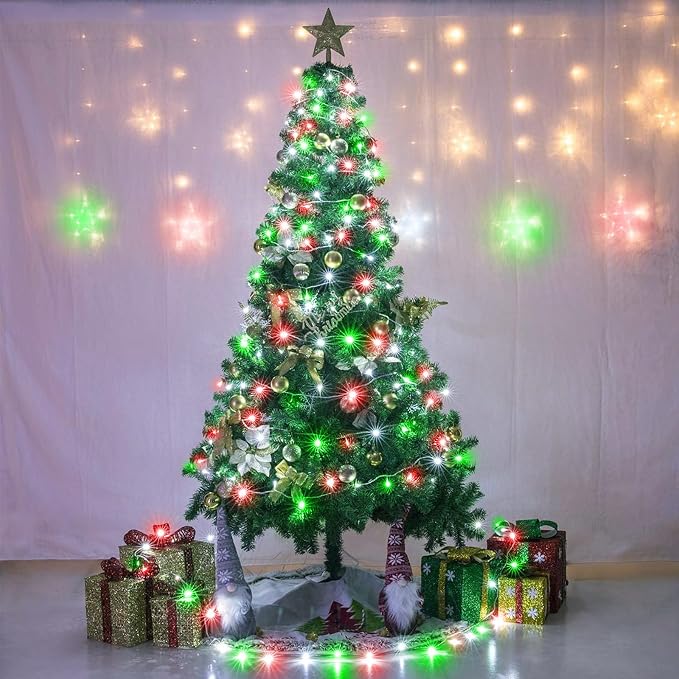 120 LED Christmas Lights Outdoor, 40 FT String Lights for Outside Waterproof, 8 Modes Plug in Fairy Twinkle Lights for Indoor Patio Yard Tree Christmas Halloween Decorations, Red White&Green