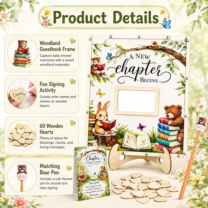 A New Chapter Begins Baby Shower Decorations,Storybook Baby Shower Guest Book Alternatives with Pen,Photo Frame and 60 Heart Wood Slices for 60 Guests,Book Themed Party Decoration