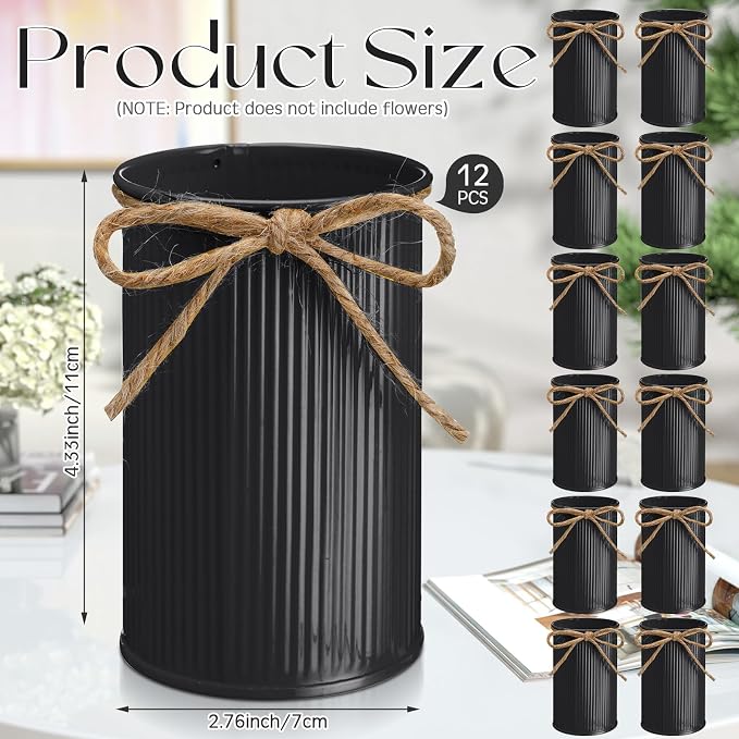 Rustic Vase for Table Centerpieces 4.33 Inch Small Petite Flower Vase with Twine Bow Vintage Farmhouse Decor for Wedding Reception Dining, Home Galvanized Metal Buckets(Black,12 Pcs)