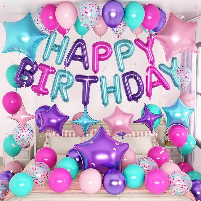 Pink Purple Blue Birthday Decorations Hot Light Pink Metallic Purple Teal Confetti Balloon Happy Birthday Banner Heart Foil Balloons 18/10 Inch Star Balloons for Girls Boys Bday Mermaid Party