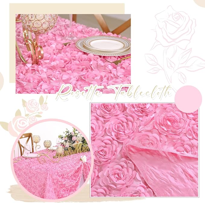 Fanqisi Baby Shower Tablecloth 50x102 Inches Pink Tablecloth Rectangle Satin Overlay Rosette Tablecloth 3D Floral for Wedding Party Event
