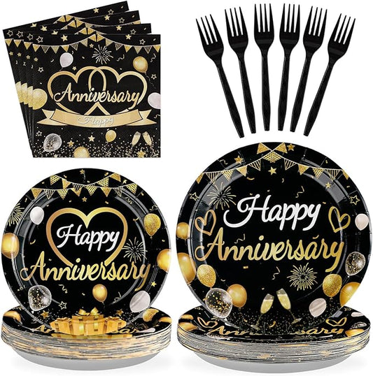 96 Pcs Happy Anniversary Decorations Disposable Black and Gold Anniversary Party Paper Plates and Napkins Tableware Set Wedding anniversary Party Supplies for 40th 50th 60th Wedding Favors 24 Guests