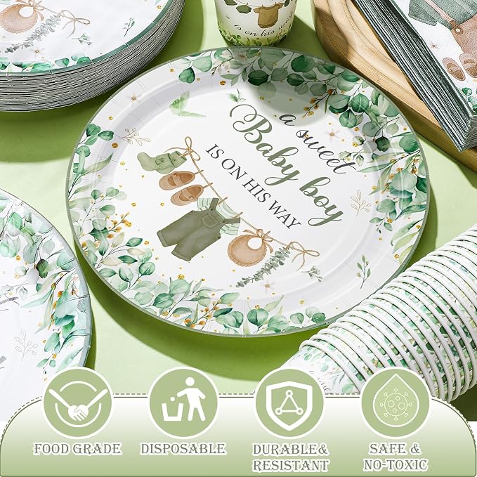 Hushee 200 Pcs Greenery Baby Shower Paper Plates Napkins Cups Baby Shower Party Supplies Tableware Set Disposable Cup Napkin for 50 Guest Party Decoration