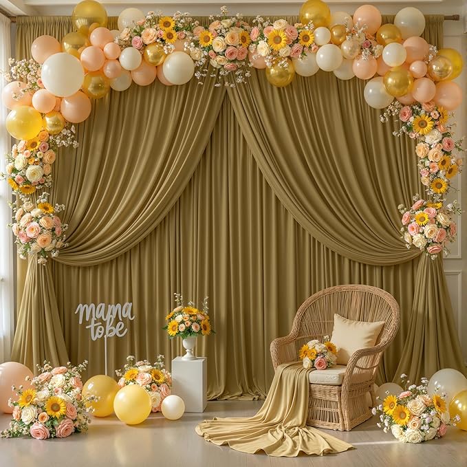 Gold Brown Backdrop Curtains-Wrinkle-Free Polyester Photography Drapes Party Curtain Background for Baby Shower Wedding Decorations- 16 X10FT