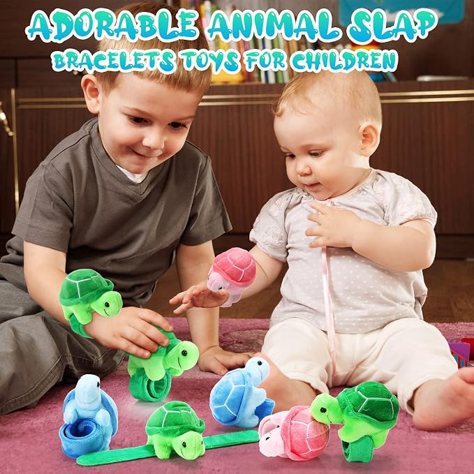 Lenwen 8 Pcs Turtle Stuffed Animals Slap Bracelets for Kids 8.66 Inch Back to School Plush Animal Bracelets Wrist Slap Snap Band Toy Adopt a Turtle Party Favors for Boys Girls Birthday Gifts