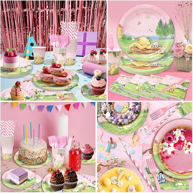 144Pcs Pink Winnie Bear Baby Shower Plates and Napkins Tableware Set, Plates Napkins Cups Straws and Forks Sets, Winnie Baby Shower Decorations Birthday Party Supplies, Serves 24 Guests