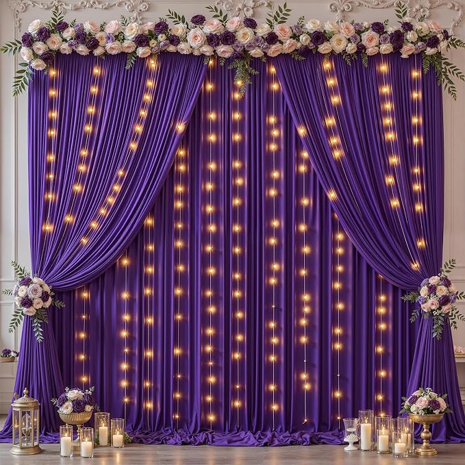 Purple Backdrop Curtains with Lights for Parties,20x10FT Wrinkle Free Wedding Photo Backdrop Curatin Drapes Fabric for Baby Shower Birthday Ceremony Reception Home Party Decorations
