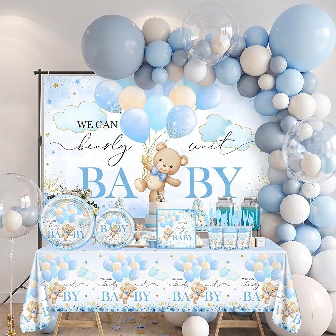 270 Pcs Blue Bear Baby Shower Decorations: We Can Bearly Wait Baby Shower Banner Disposable Plates Napkins Cups Tablecloth Balloons for Boy Serve 24