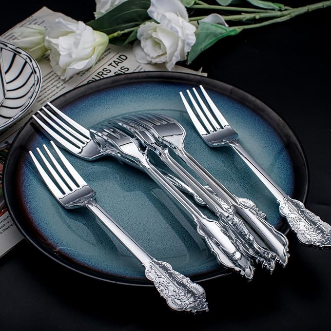 WDF 100 Piece Silver Forks Disposable - 7.48 Inch Silver Plastic Forks - Baroque Silverware for Dessert Cake - Heavy Duty Plastic Fork for Party Wedding or Daily Using Baby Shower Spring