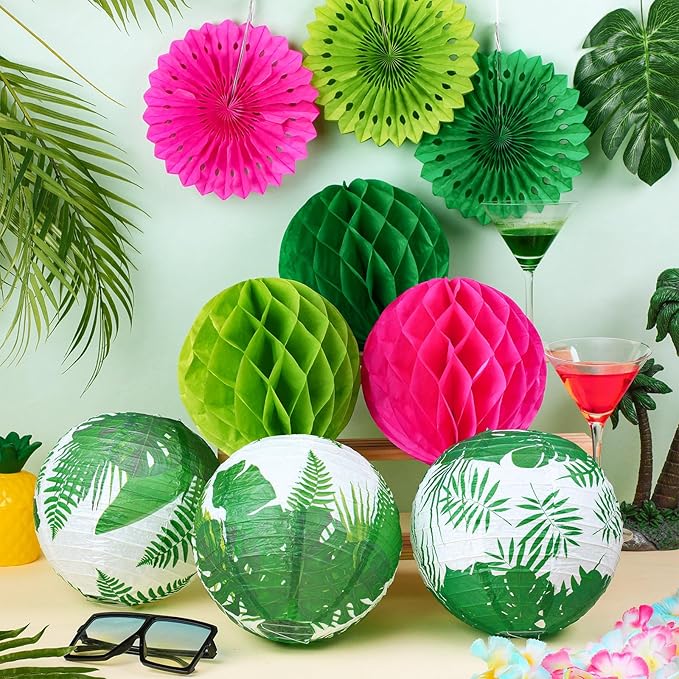 Retisee 18 Pcs Summer Tropical Party Decoration Palm Leaf Hanging Paper Lantern Rose Red and Green Honeycomb Fans Honeycomb Ball for Hawaii Theme Luau Party Ceiling Decor Supplies