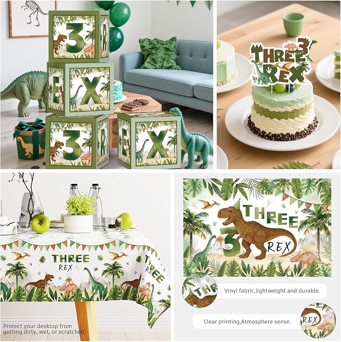 cocomigo 267pcs Three Rex Birthday Decorations Boy Complete Party Set, 3 Rex Birthday Decorations Boys, Serves 25 Guests, for Dinosaur Theme 3rd Party Supplies