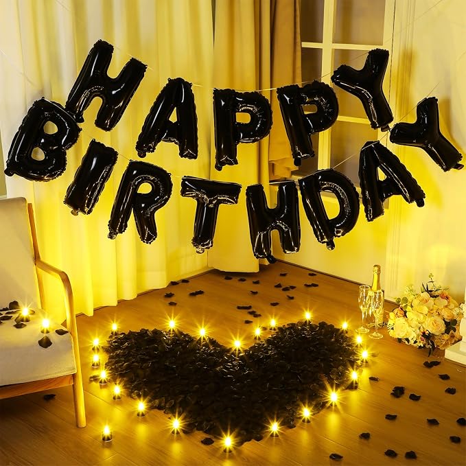 Black Happy Birthday Balloons Decorations Happy Birthday Letter Balloons Banner Set with 24pcs Round Flameless LED Candles and 2000pcs Artificial Rose Petals for Women Men Room Party Decor