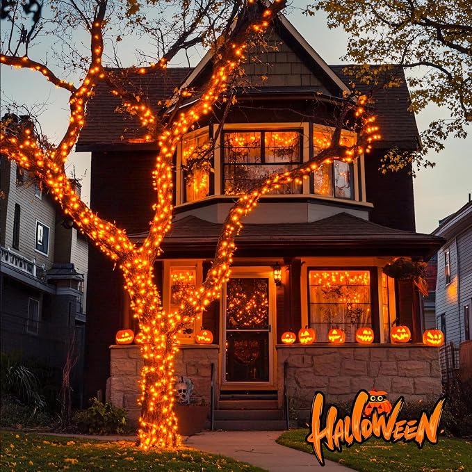 JMEXSUSS 33FT 100 LED Orange Lights for Halloween, Battery Operated Halloween Lights Outdoor Indoor, 8 Modes Remote String Lights for Yard Tree Front Porch Room House Fence Xmas Decor