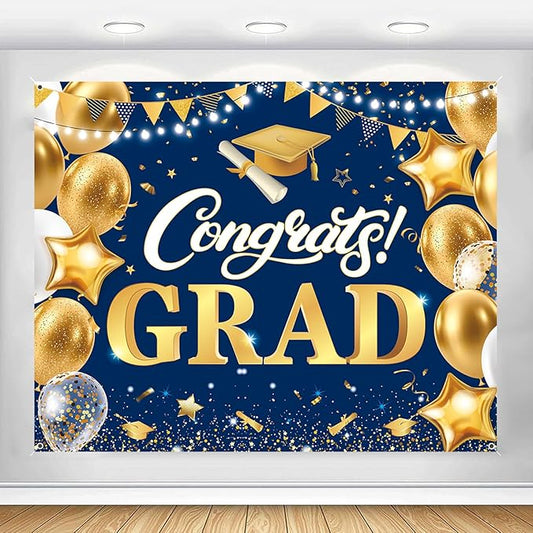 Graduation Backdrop 10x8ft Navy Blue and Gold Congrats Grad Banner Congratulations Class of 2026 Graduate Decorations Large Prom Party Background Picture Supplies for College High School