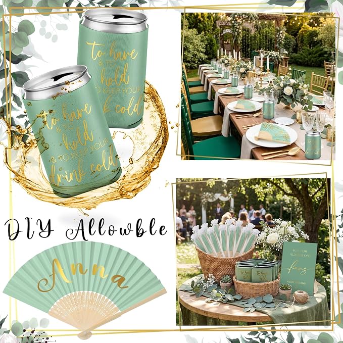 Hoteam 25 Sets Wedding Party Favors for Guests Bulk Including Can Cooler and Paper Folding Fans with Wedding Decor Table Sign Cheers to Love for Bridal Shower Party Souvenir(Classical,Green)