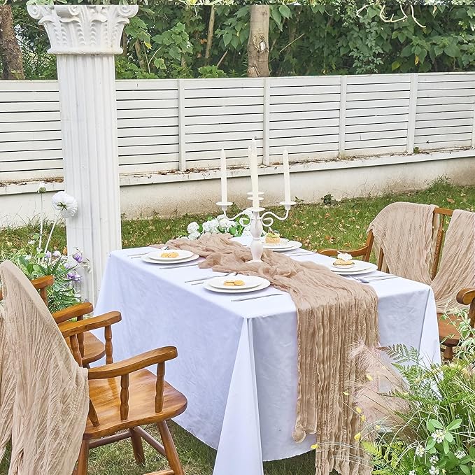 IVAPUPU 4 Pcs Cheesecloth Table Runner - 10ft Nude Spring Boho Gauze Cheese Cloth Table Runners for Baby Shower Decoration Wedding Party Garden Farmhouse
