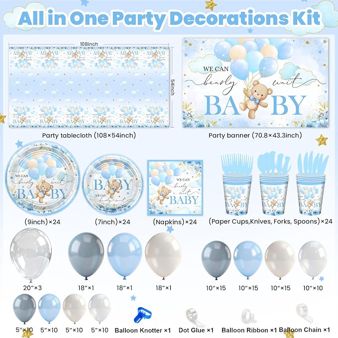 270 Pcs Blue Bear Baby Shower Decorations: We Can Bearly Wait Baby Shower Banner Disposable Plates Napkins Cups Tablecloth Balloons for Boy Serve 24
