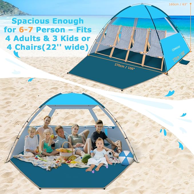 COMMOUDS Beach Tent Sun Shelter for 3/4/6/8 Person, UPF 50+ UV Protection Beach Shade Canopy Tent, Lightweight, Easy Set Up and Carry
