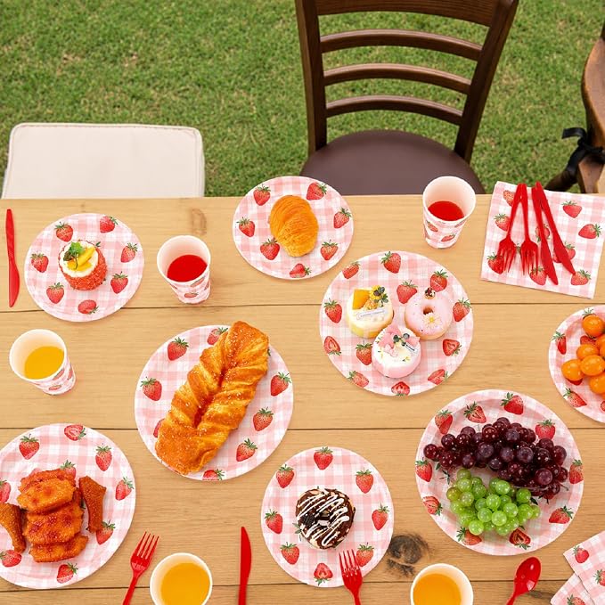 Ziliny 280 Pcs Strawberry Tableware Set Disposable Strawberry Paper Plates and Napkins Paper Cups Plastic Knives Forks Spoons for Baby Shower Berry Sweet Birthday Party Supplies, Serve 40