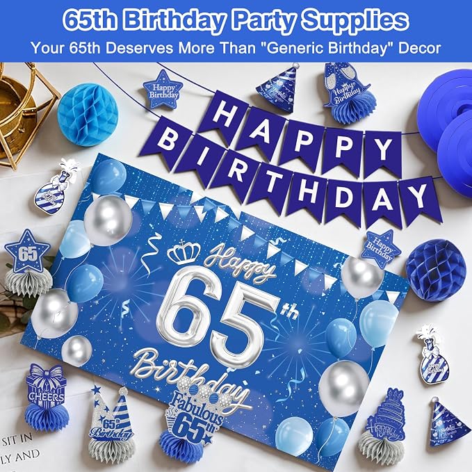 Happy 65th Birthday Party Decoration: Including Birthday Banner Backdrop, Party Table Centerpieces and Hanging Swirl Party Streamers, Birthday Decor for Men and Women (Blue, 65th Birthday)