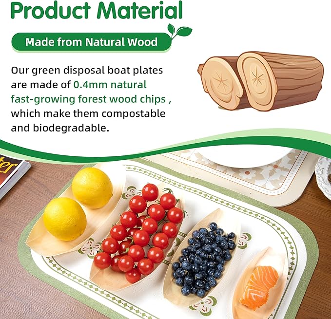 100-Pack Wooden Disposable Plates 5 IN Boat Plates Food Trays Disposable Dessert Plates Disposable Food Boats for Party Weddings Picnic (Actual Size Used: 2.95" D x 1.73" W x 0.59" H)