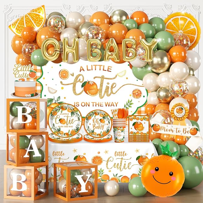 279 PCS A Little Cutie Is On The Way Decorations, All-in-One Orange Baby Shower Party Pack With Balloon, Backdrop, Plates and Napkins, for Little Cutie Baby Shower, Service 25