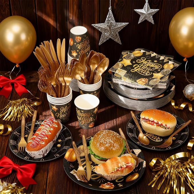 Zhehao 350 Pcs Happy New Year Party Supplies Tableware 2026 New Years Eve Dinnerware Set for 50 Guests Disposable Black Gold Paper Plates, Napkin, Cup, Knife, Fork and Spoon for Celebration (Balloon)