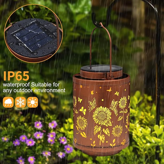 2 Pack Solar Outdoor Lanterns,Butterflies Garden Decor LED Light Hanging Waterproof Solar Metal Lanterm Gifts for Women Mon Grandma Sunflower Solar Lights Outdoor Decoration