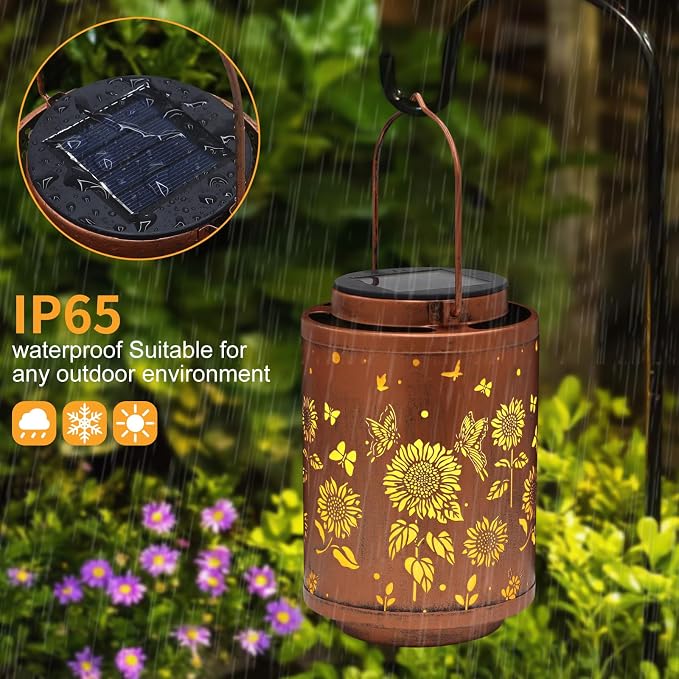 Solar Outdoor Lanterns, Butterflies Garden Decor LED Light Hanging Waterproof Solar Metal Lantern Gifts for Women Mon Grandma Sunflower Solar Lights Outdoor Decoration for Yard