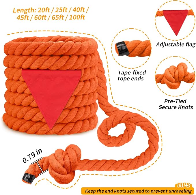 Tug of War Rope for Kids & Adults - 20ft Soft Cotton Outdoor Pulling Rope with Flag for Team Building Activities Field Day Family Reunions Birthday Parties Camping Games- Orange