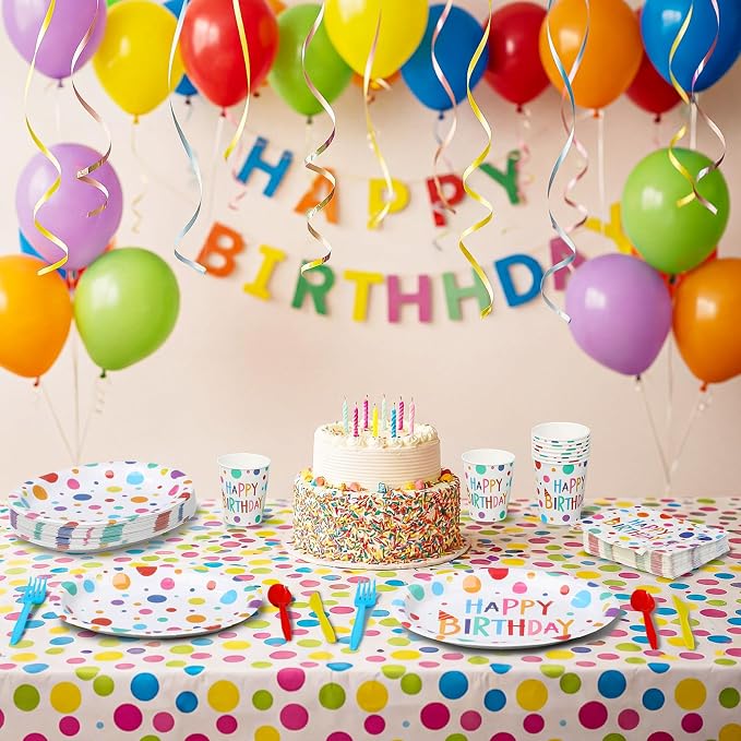 Pajean 350 Pcs Happy Birthday Party Supplies Oval Paper Plates Set with 12 inch Disposable Birthday Oval Plates and Napkins Colorful Dots Design Heavy Duty Paper Dinnerware Set for 50 Guests