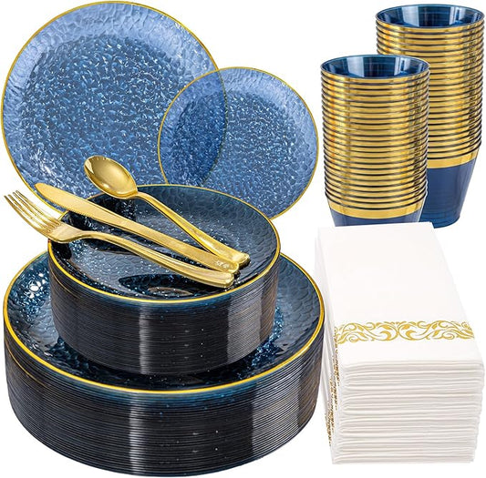 DaYammi 175PCS Blue Plastic Dinnerware Set, Plastic Plates Disposable Hammered Disposable Plates for Party, Include: 25 Dinner Plates 25 Dessert Plates 75 Gold Silverware 25 Napkins 25 Cups