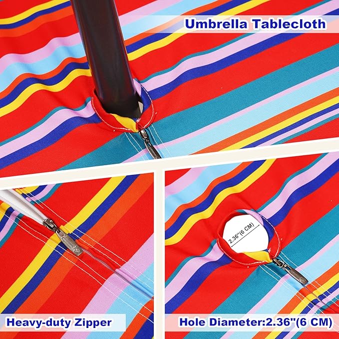 Poise3EHome 60X84 Outdoor Spillproof Rectangle Tablecloth with Umbrella Hole and Zipper for Camping, Picnic, Party, Patio Table, Spring, Color Stripe