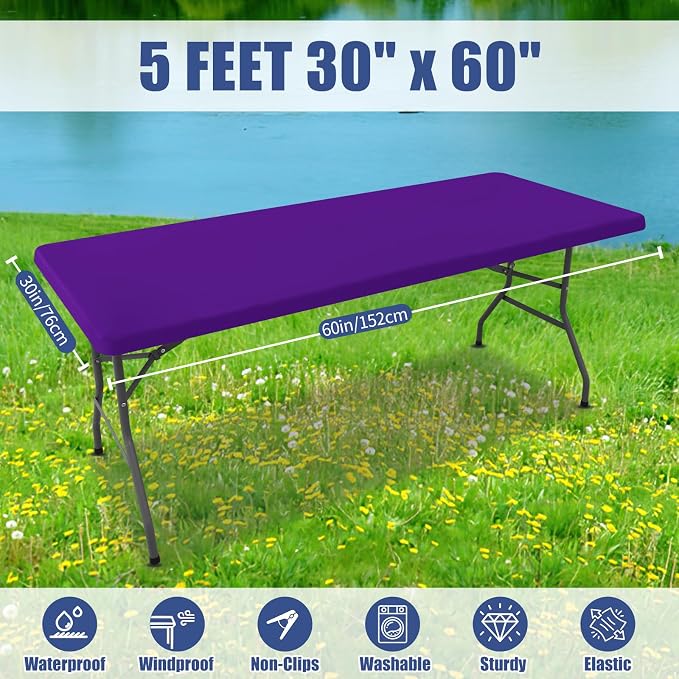 Moosfor Spandex 5 Foot Rectangle Table Cloth 4 Pack, Elastic Fitted Tablecloths for Picnic, Stretch Washable Patio Table Cover for Outdoor, Camping, Banquet and Parties (Purple, 30"x60")
