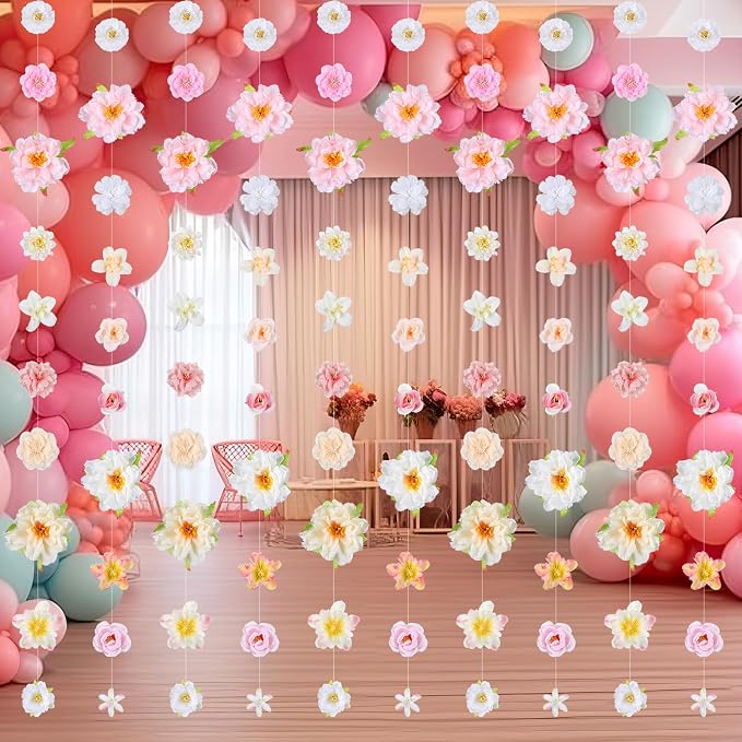 12 Pcs 79.2 ft Artificial Flower Garland Hanging Decorations Fake Floating Floral Garlands Dangling Flower Decorations for Party Background with Hooks for Birthday Home Garden(Cute Style)