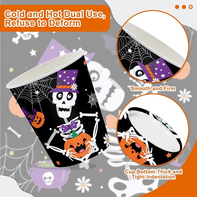 132 Pcs Halloween Party Supplies Includes Plates, Napkins, Cups, Banner, Hanging Swirls, Tablecloth for Halloween Horror Ghosts Skeleton Decorations, Serves 20