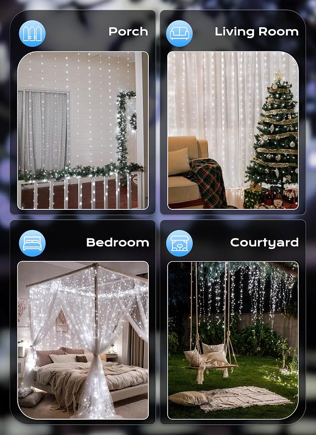 Brightown 300 LED Fairy Curtain Lights, 9.8ft x 9.8ft String Lights, USB Plug in 8 Lighting Modes Christmas String Hanging Lights with Remote for Bedroom Indoor Outdoor Party Xmas White 1 Pack