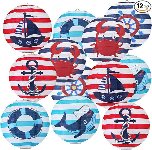 Panelee 12 Pcs Nautical Birthday Party Decorations Anchor Sailor Boat Cruise Ship Theme 8 Inches Hanging Paper Lanterns 8 Inches Round Lanterns for Holiday Navy Baby Shower Party Decor Supplies