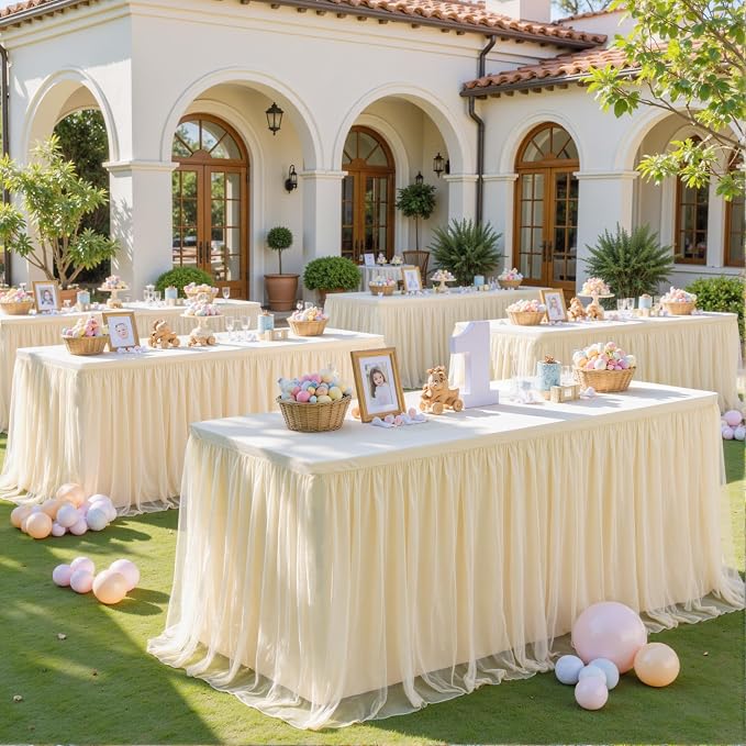 HB HBB MAGIC Champagne Table Cloth Spandex Table Covers 8ft Fitted Tulle Tablecloth Rectangular Desk Skirt Stretch Table Cloths Covers Party Banquet Birthday Baby Shower Wedding Table Cloth, 6 Pack