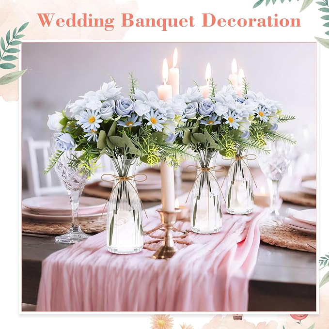 Reallnaive 30 Pack Artificial Flowers Table Centerpieces Decorations with Plastic Vase Wedding Mason Jar 20 Bundles Silk Floral Bouquet 10 Clear Vase with Rope for Party Decor(Dahlia,Blue)