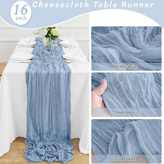 16Pack Dusty Blue Table Runner 10FT Dusty Blue Cheesecloth Table Runner 35x120Inch Long Boho Table Runners Rustic Gauze Table Runners for Party Wedding Bridal Shower Baby Shower Decorations