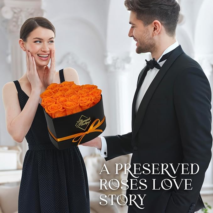 GLAMOUR BOUTIQUE 16 Flower Forever Heart Shape Box, Mothers Day Gift For Mom, Eternal Preserved Roses Gift for Her, Flowers bouquet, For Birthday, Anniversary, Girlfriend - Orange (Color-Treated)