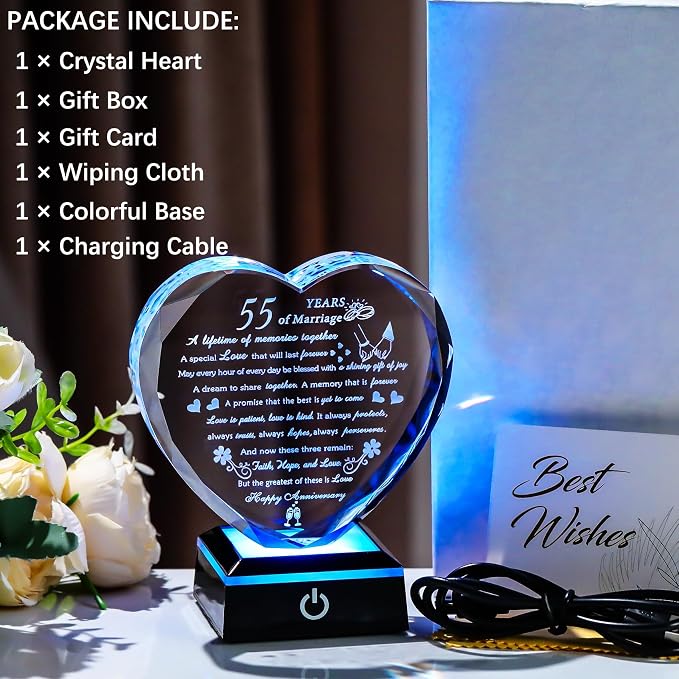 Happy 55th Wedding Anniversary Crystal Gifts for Couples Parents, 55th Wedding Anniversary Keepsake Gifts for Her Him with Colorful LED Base, Romantic 55 Years of Marriage Heart Gift for Wife Husband