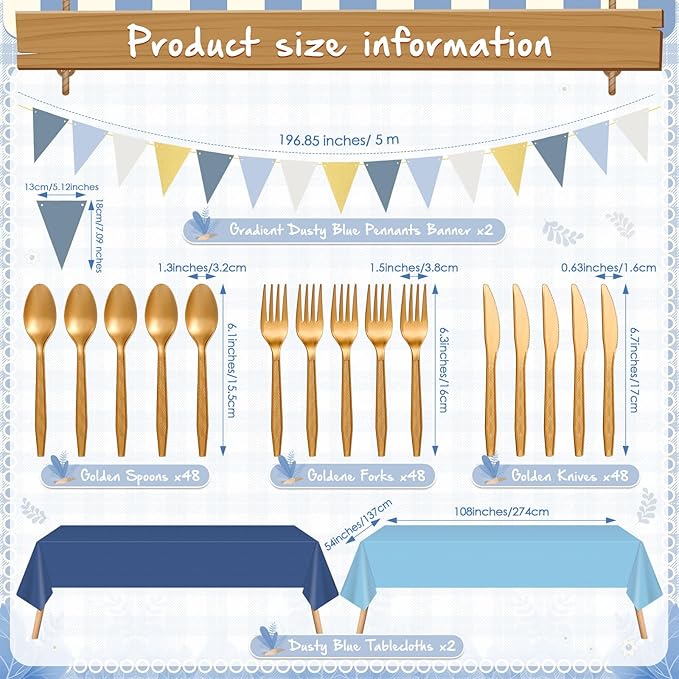 Mimorou 342 Pcs Dusty Blue Party Supplies Blue Tableware for 48 Guests Paper Disposable Plates Napkins Cups Plastic Tablecloth Navy Triangle Banner for Wedding Graduation Birthday