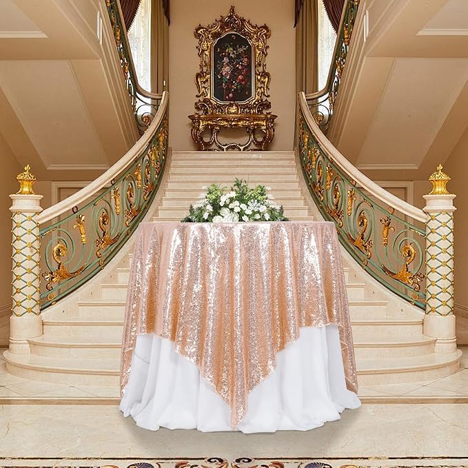 Poise3EHome Rose Gold Sequin Tablecloth 90×90 Inch Square Sequin Fabric Table Cover Overlay for Baby Shower Birthday Party Wedding Holiday Cake Table Decoration